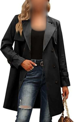 Women Trench Coat: Double-Breasted & Long Sleeve for Winter & Autumn - Black Color with Jeans