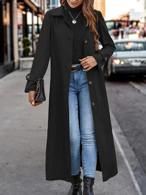 Women's Trench Coat: A Casual Gentle Button Long Coat | Black Color (Front Preview)