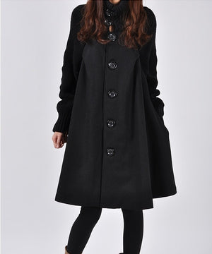 Women's Coat: Mid-length Coat | Solid Color & Woolen Fabric | Black Color