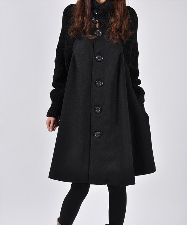 Women's Coat: Mid-length Coat | Solid Color & Woolen Fabric | Black Color