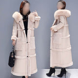 Faux Fur Coat for Women: Fur Collar, Cotton-Padded, Cozy & Stylish - Color(Apricot) Side & Front View