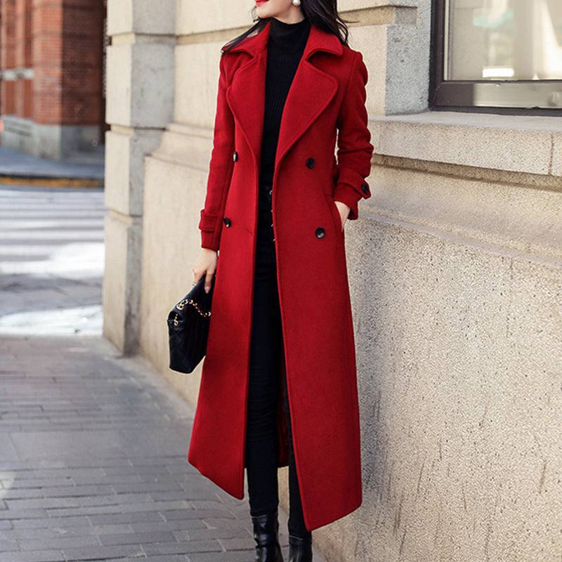 Women Coat: Slim Fit Woolen Coat, Suit Collar & Long Sleeve-Red Color Outdoor