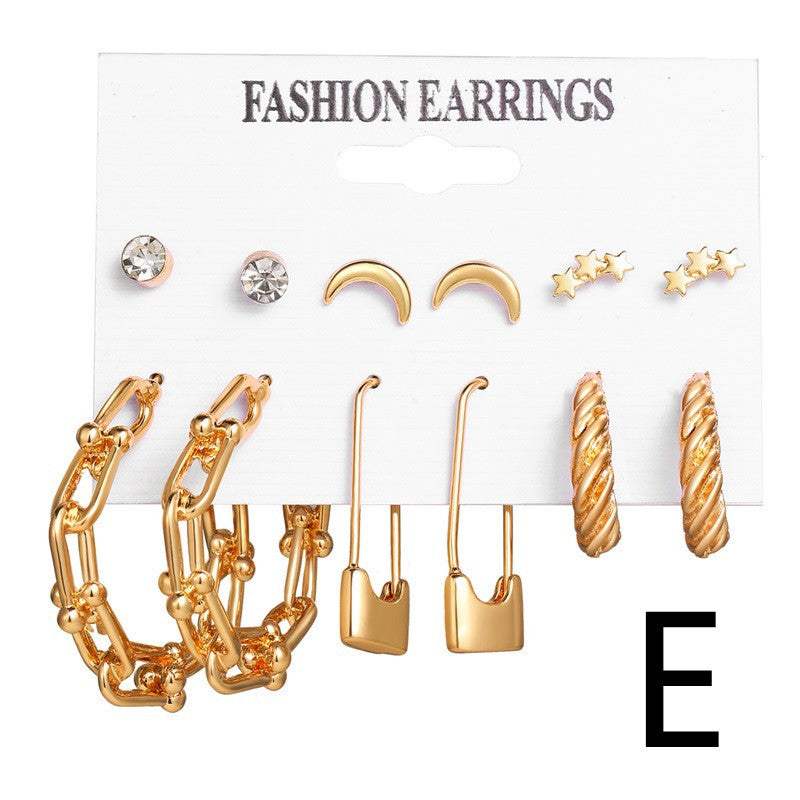 Gold Earrings | 6-Piece Set of Hoop & Chain-Shaped Earrings with Pearl- (Set E)