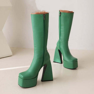 Women Boots - Fashion High Boots for Casual Style - PU Leather Made | Green Color Showcase