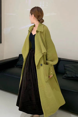 Women's Trench Coat | Belt Knitted Coat | Elegant for Autumn & Winter | Olive Color Front View