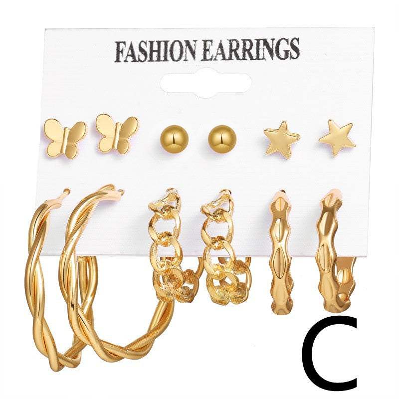 Gold Earrings | 6-Piece Set of Hoop & Chain-Shaped Earrings with Pearl- (Set C)