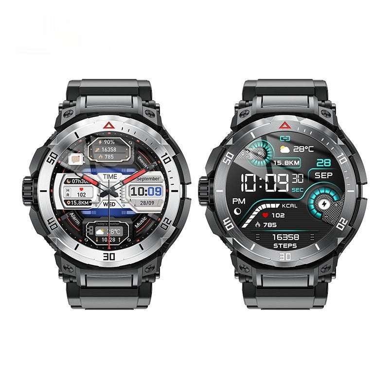 Smartwatch: Bluetooth HD Call, Heart Monitor, 14 Days Use & NFC Function-(Black Rubber Strap & Silver Vinyl Strap-Close-Up)