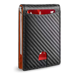 RFID Wallet - Anti-Theft Card Sleeve - Multifunctional & Leather Made - Color(Carbon Fiber Black Orange)