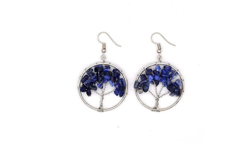 Earrings for Women | Natural Stone Tree-Shaped with Colored Crystals (Blue Color)