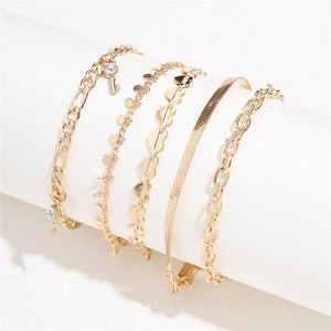 Anklets for Women: A Trendy Set Of 5 Gold Anklets + Heart Crystal Key (5 Anklets Set 1 Preview)