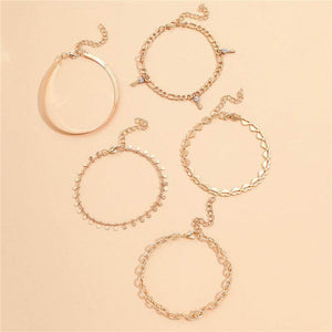 Anklets for Women: A Trendy Set Of 5 Gold Anklets + Heart Crystal Key (5 Anklets Each)