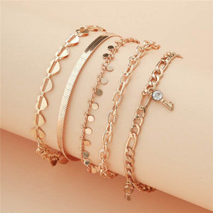 Anklets for Women: A Trendy Set Of 5 Gold Anklets + Heart Crystal Key (5 Anklets Set 2 Preview)