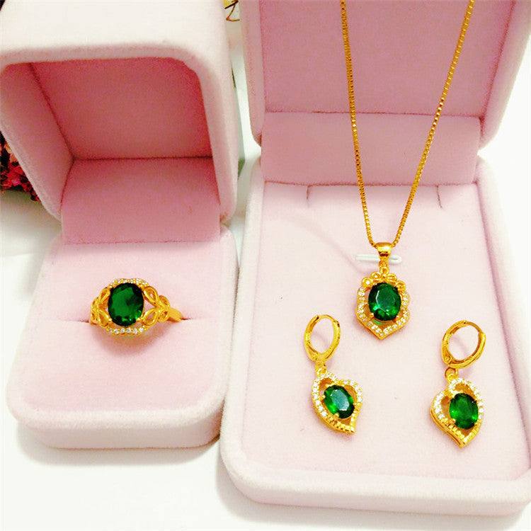 Rings, Necklace & Earrings Gold Set, with Green Crystal Flower-Pendant (Set Preview)