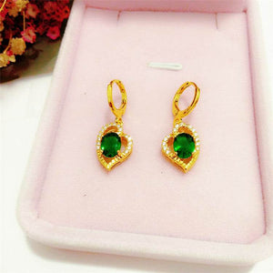 Rings, Necklace & Earrings Gold Set, with Green Crystal Flower-Pendant (Earrings)