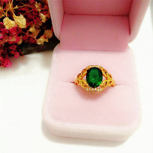 Rings, Necklace & Earrings Gold Set, with Green Crystal Flower-Pendant (Ring)