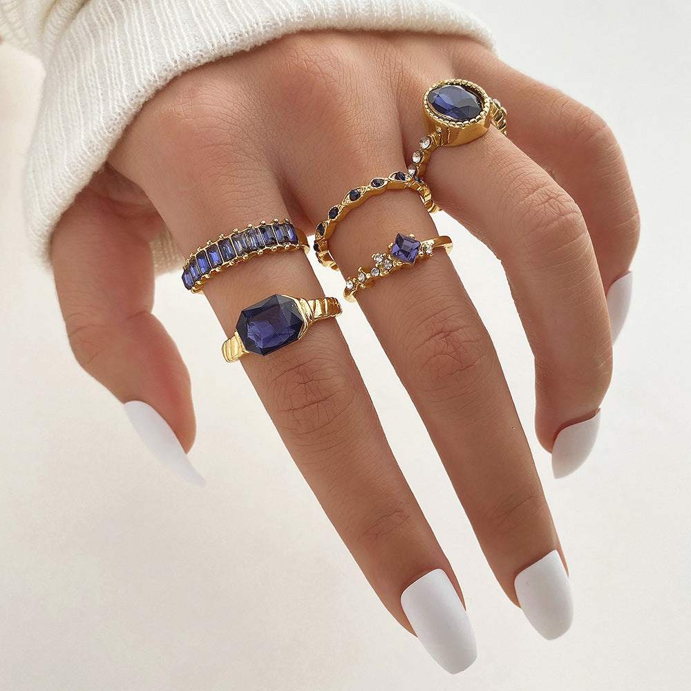 Rings for Women | Set Of 5 All-Match Stud Gold Rings + Colored Diamonds (Blue)