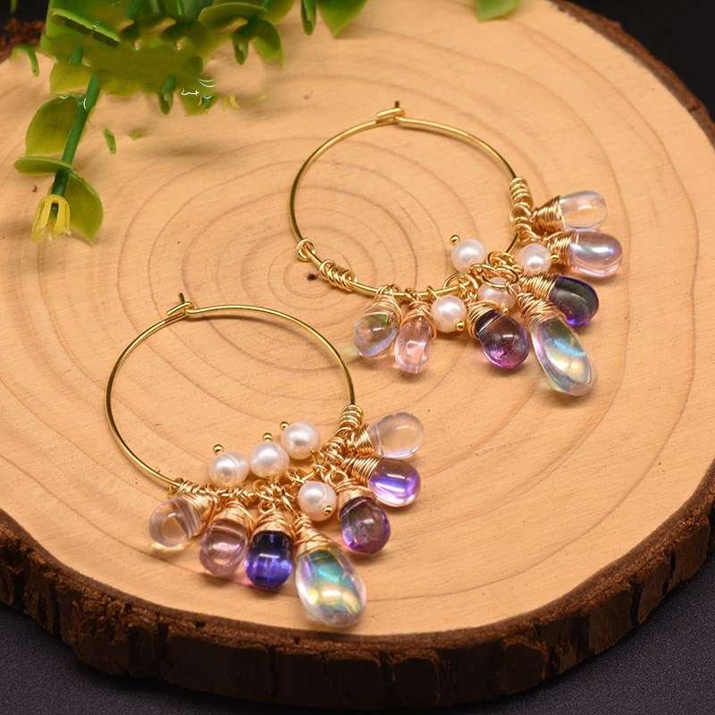 Gold Earrings for Women | Hoop-Shaped with Pearl & Freshwater Crystals - (Brilliant earrings)