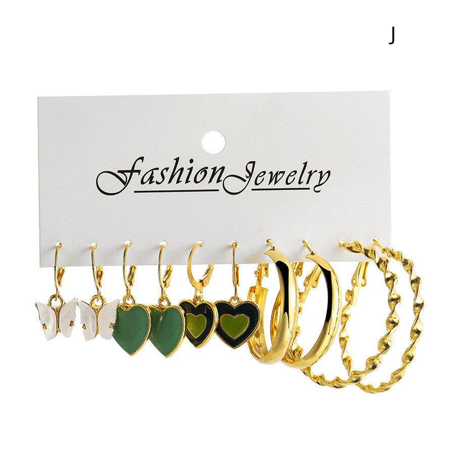 Gold Earrings | 6-Piece Set of Hoop & Chain-Shaped Earrings with Pearl- (Set J)