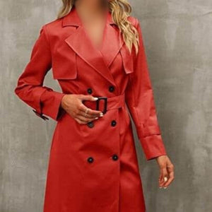 Women Trench Coat: Double-Breasted & Long Sleeve for Winter & Autumn - Red Color