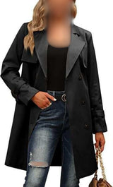 Women Trench Coat: Double-Breasted & Long Sleeve for Winter & Autumn - Black Color with Jeans