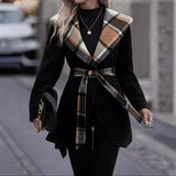 Women's Coat: Mid-length | Lace-up Design | Black Color & Plaid Design | Front View Showcase