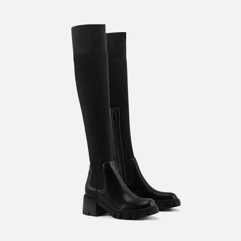 High Thigh Boots for Women - Low Heel - Sizes 36-43 - Black Color(Side View)