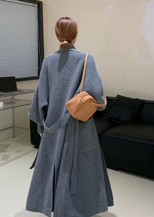 Women's Trench Coat | Belt Knitted Coat | Elegant for Autumn & Winter | Gray Color Back View