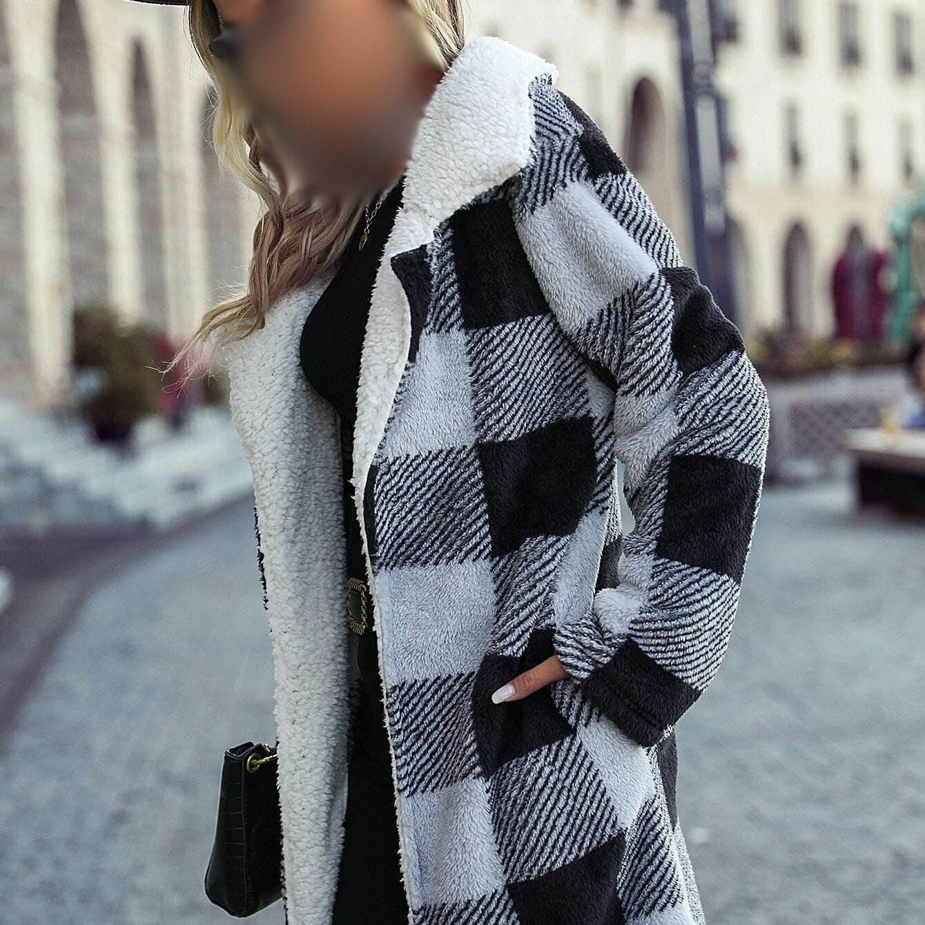 Women Coat: Plaid Loose, Double Sided, Cardigan & Loose Fit Coat -Side View