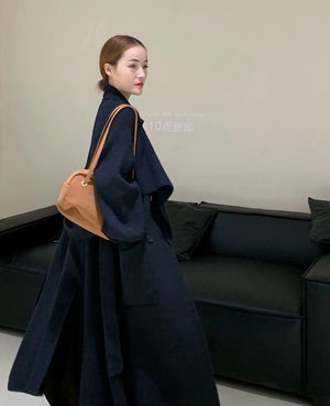 Women's Trench Coat | Belt Knitted Coat | Elegant for Autumn & Winter | Black Color Side View