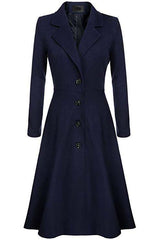 Ladies Overcoat: Single-Breasted, Over-Knee & Cotton Fabric Made - Color(Dark Blue)