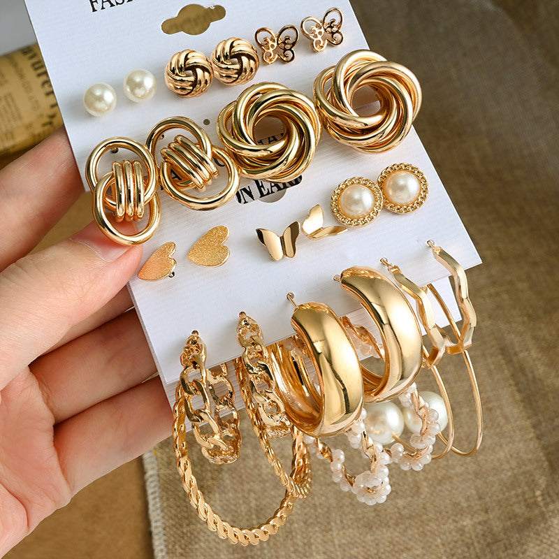 Gold Earrings | 6-Piece Set of Hoop & Chain-Shaped Earrings with Pearl- (Set A & H)