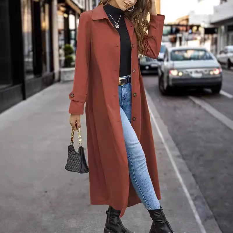 Women's Trench Coat: A Casual Gentle Button Long Coat | Brick Red Color (Front Preview)