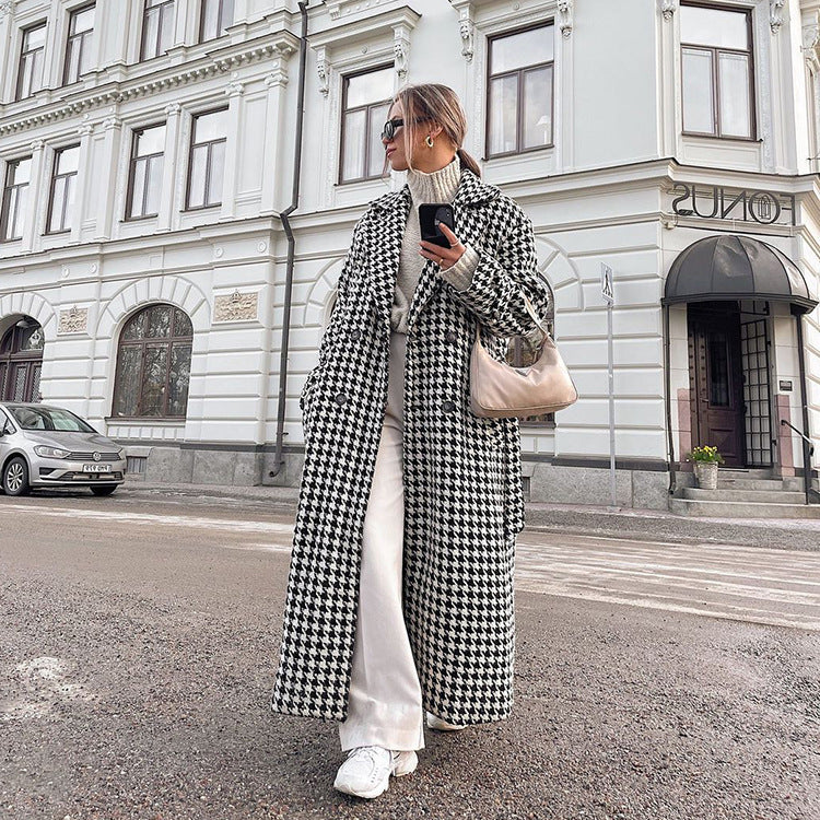 Women's Trench Coat: Houndstooth Designed Long Coat | Preview 1