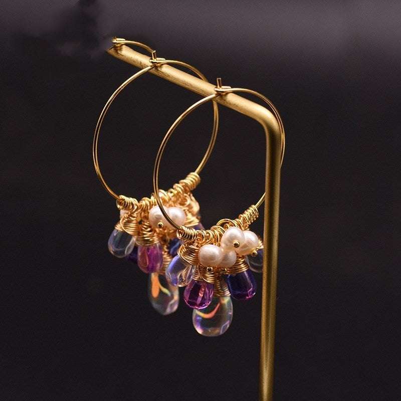 Gold Earrings for Women | Hoop-Shaped with Pearl & Freshwater Crystals - (Second Showcase)