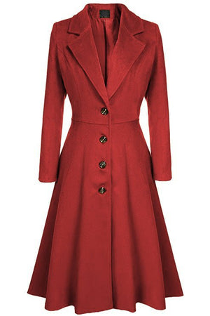 Ladies Overcoat: Single-Breasted, Over-Knee & Cotton Fabric Made - Color(Red)