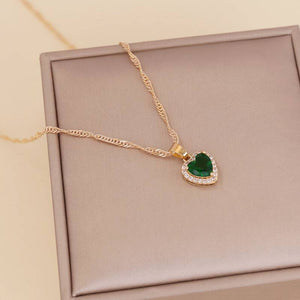 Necklace Gold Chain for Women + Zircon Heart Pendant (Green Color)