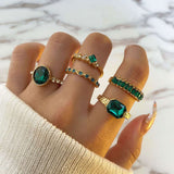 Rings for Women | Set Of 5 All-Match Stud Gold Rings + Colored Diamonds (Green)