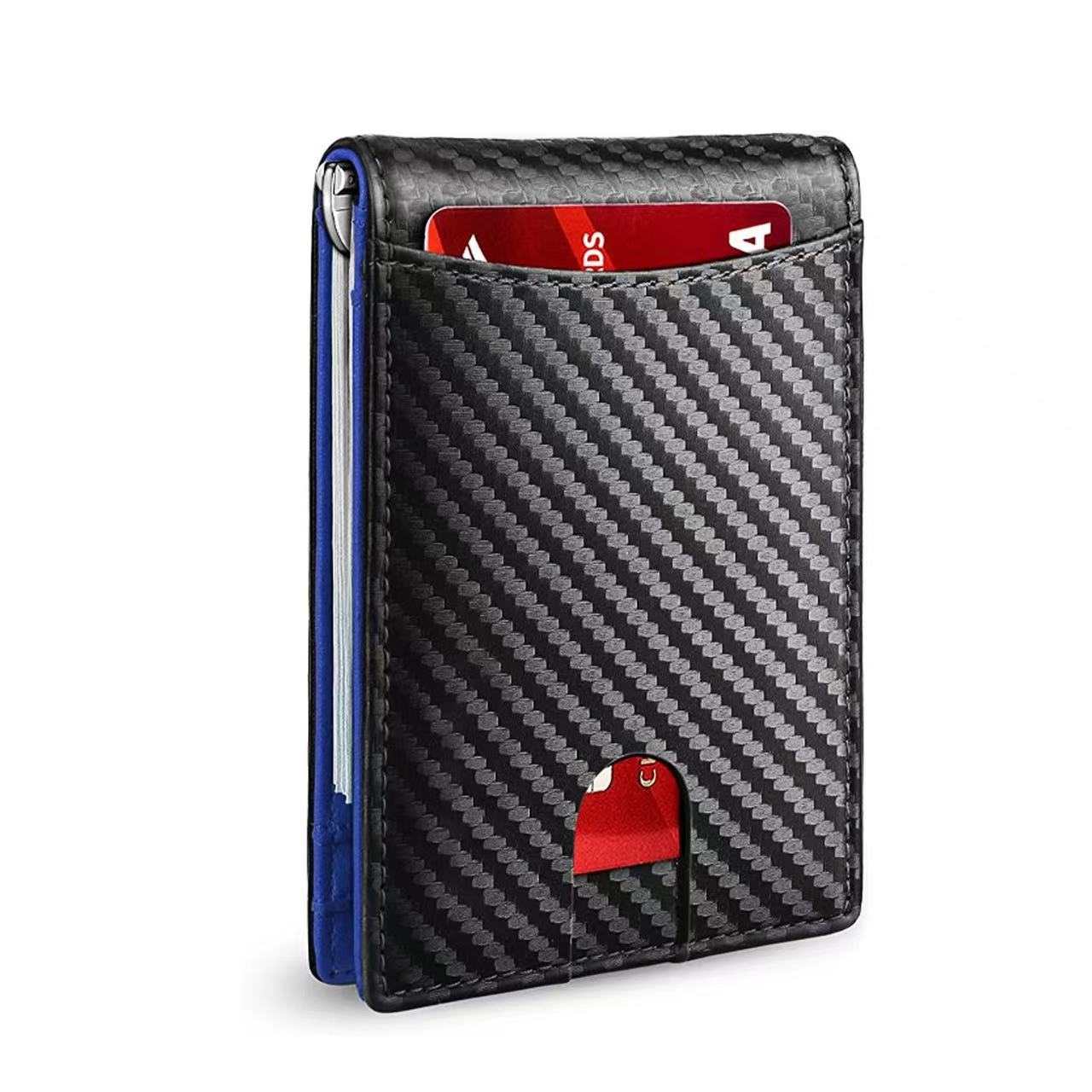 RFID Wallet - Anti-Theft Card Sleeve - Multifunctional & Leather Made - Color(Carbon Fiber Black And Blue)