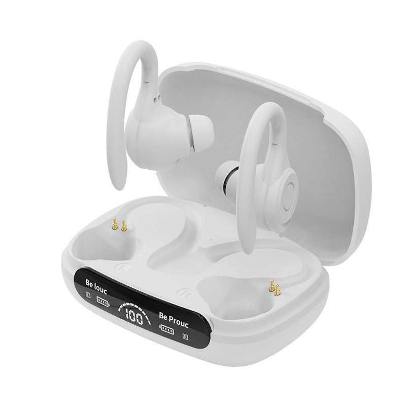 Headset Ear-mounted for Sports: Wind & Noise Reduction & Battery Display - White Color