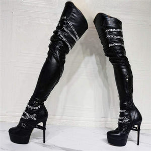 High Thigh Boots for Women - Over-the-Knee - High Heel with Chains - Both Sides View 1