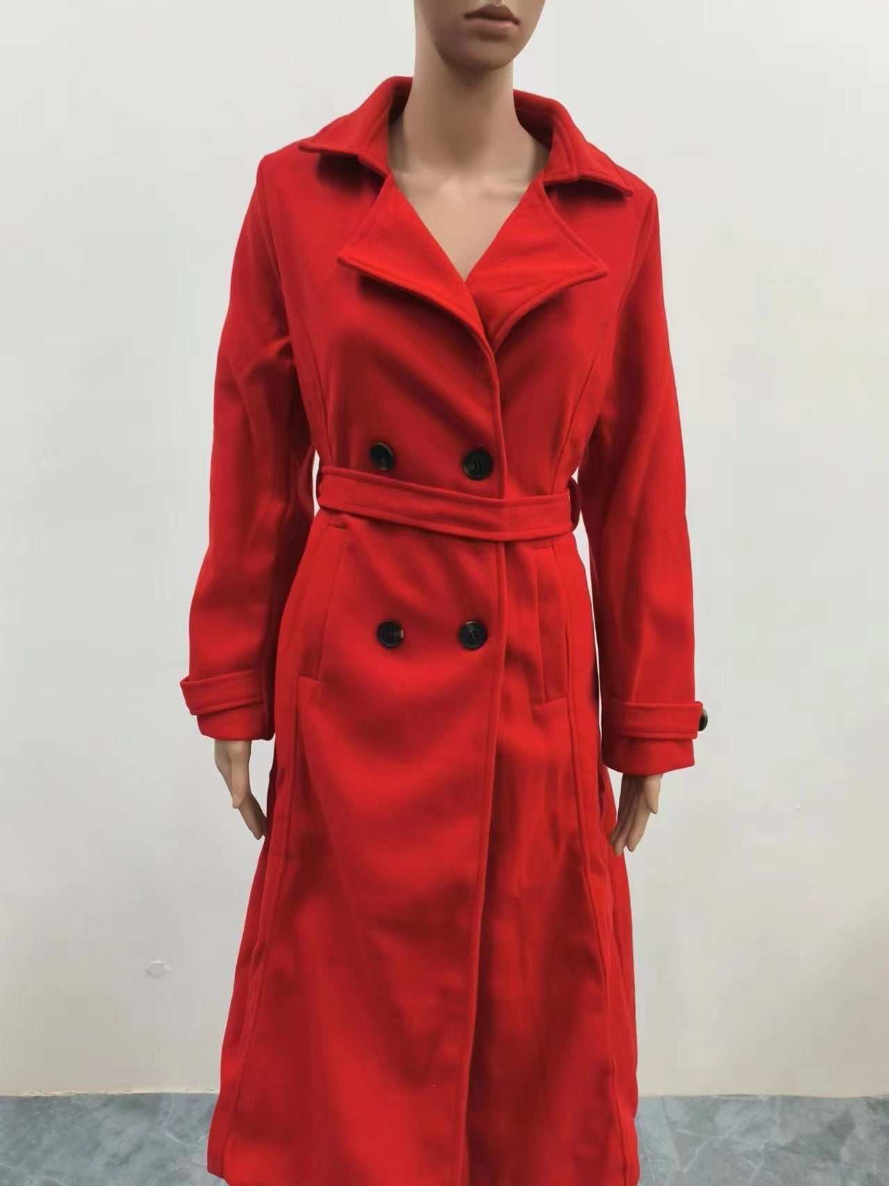 Women Coat: Slim Fit Woolen Coat, Suit Collar & Long Sleeve-Red Color Indoor