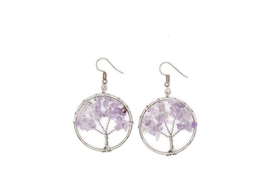 Earrings for Women | Natural Stone Tree-Shaped with Colored Crystals (Purple Color)