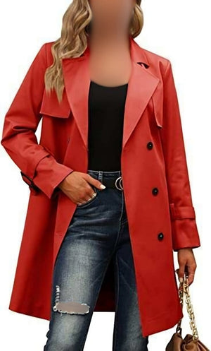 Women Trench Coat: Double-Breasted & Long Sleeve for Winter & Autumn - Red Color with Jeans