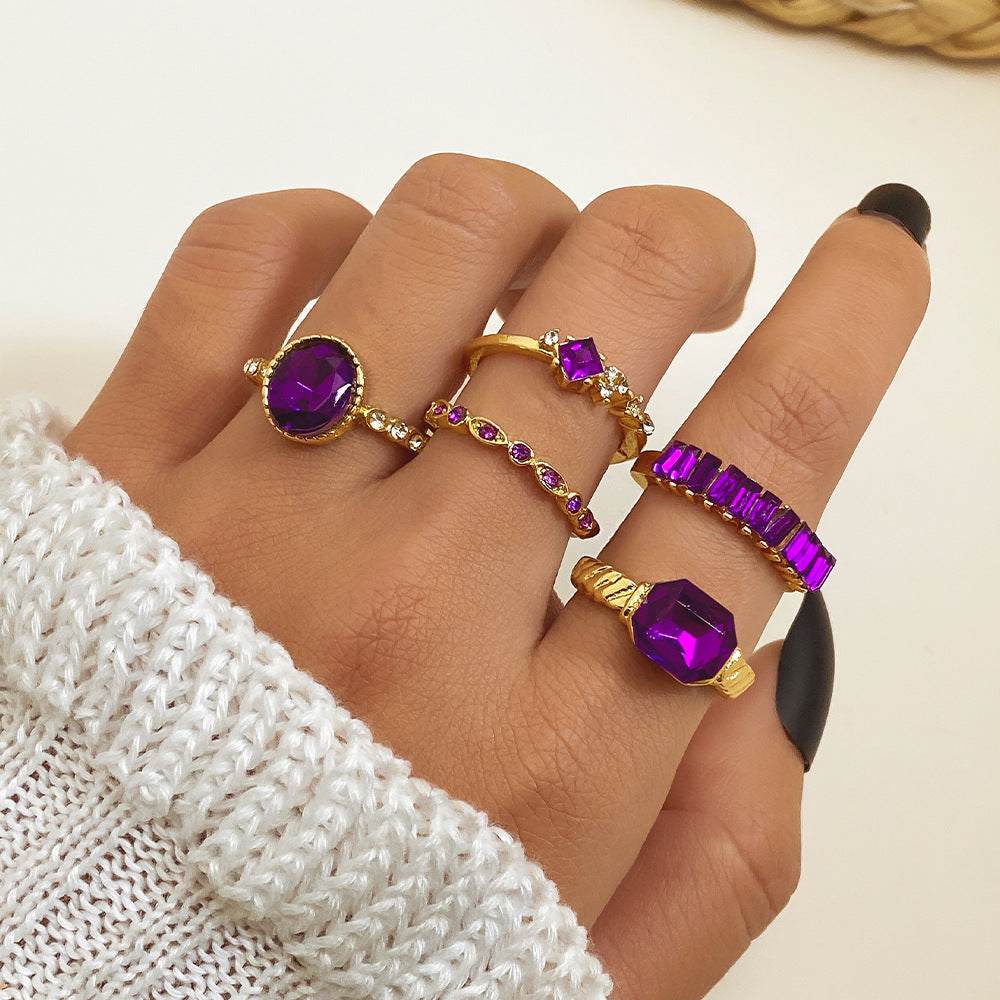 Rings for Women | Set Of 5 All-Match Stud Gold Rings + Colored Diamonds (Purple)