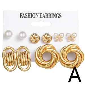 Gold Earrings | 6-Piece Set of Hoop & Chain-Shaped Earrings with Pearl- (Set A)