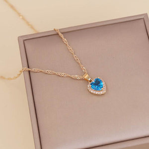 Necklace Gold Chain for Women + Zircon Heart Pendant (Dark Blue Color)