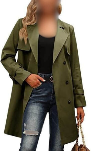 Women Trench Coat: Double-Breasted & Long Sleeve for Winter & Autumn - Army Green Color with Jeans