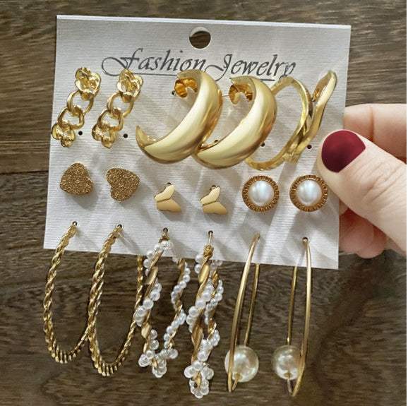 Gold Earrings | 6-Piece Set of Hoop & Chain-Shaped Earrings with Pearl- (Showcase)