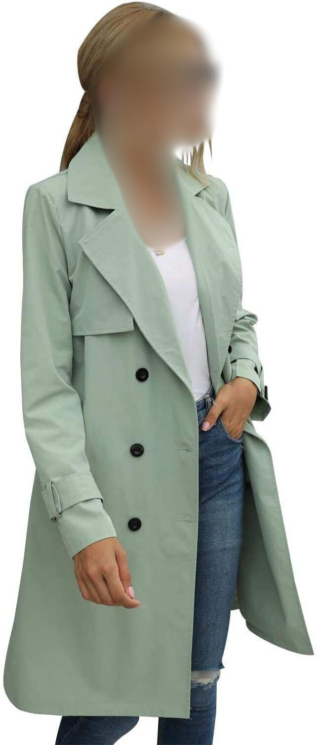 Women Trench Coat: Double-Breasted & Long Sleeve for Winter & Autumn - Green Color