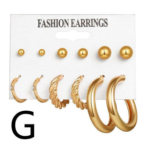 Gold Earrings | 6-Piece Set of Hoop & Chain-Shaped Earrings with Pearl- (Set G)